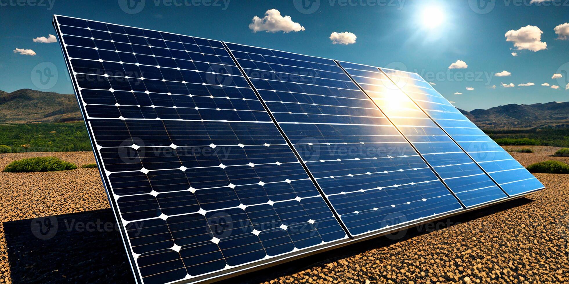 The solar panel is set outside against a background of sky with clouds. photo