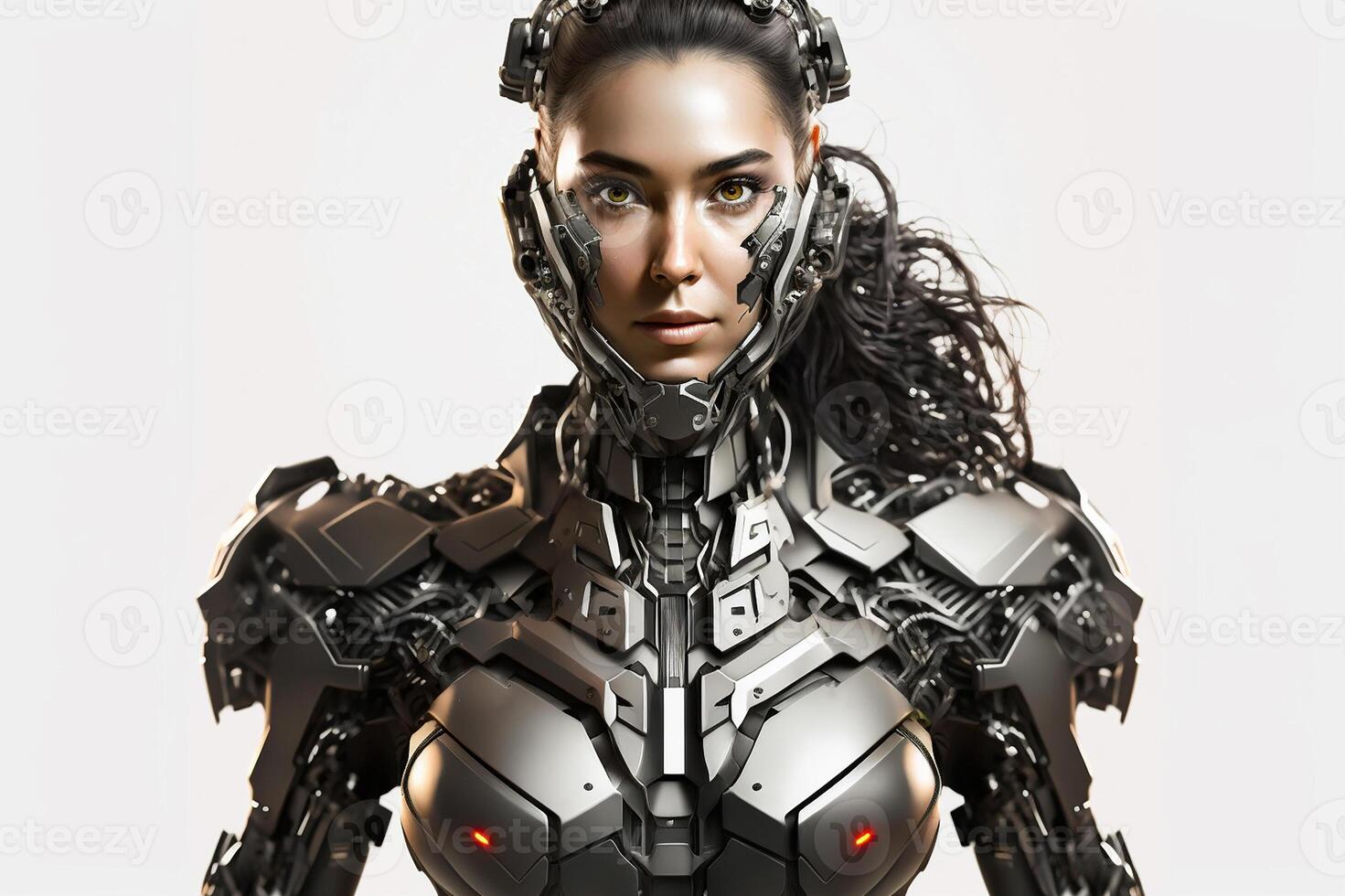 Girl robot on white background, technology development of Artificial Intelligence. photo