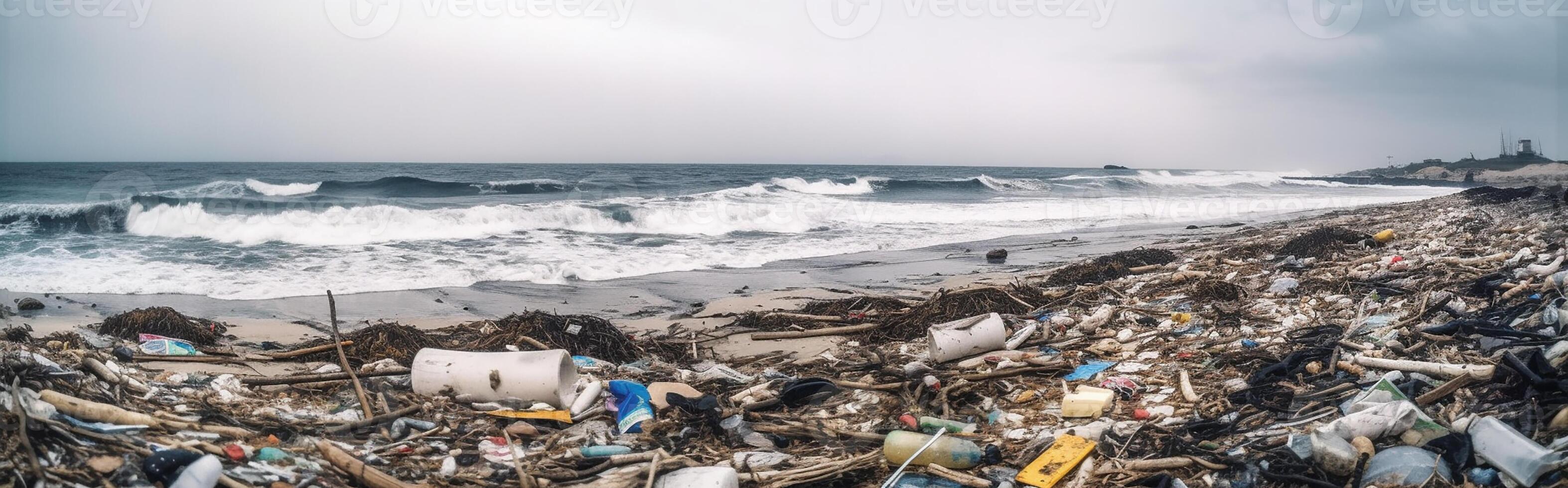 Garbage thrown by the storm on the beach. Garbage along the seashore. Environmental pollution. photo