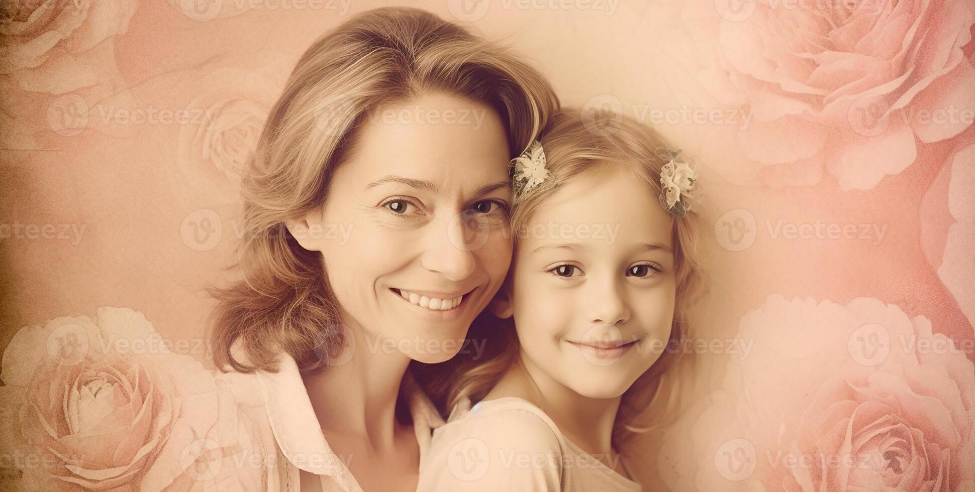 retrato de un sonriente madre con su hija en rosado en el estudio. generativo ai foto