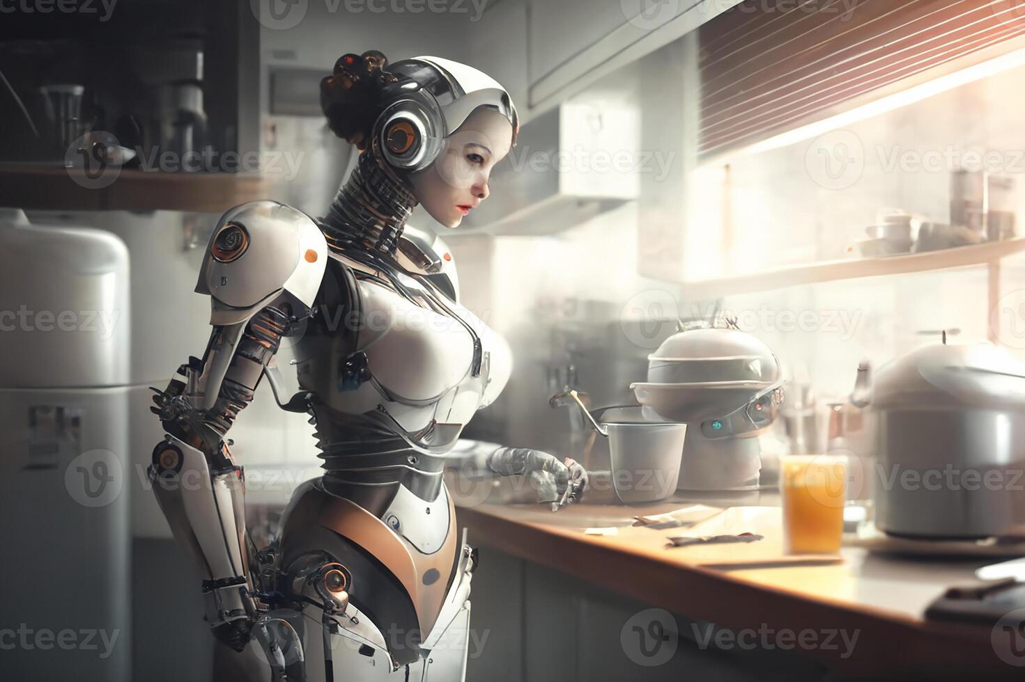 A female robot in the kitchen, a domestic helper. Housekeeper. photo