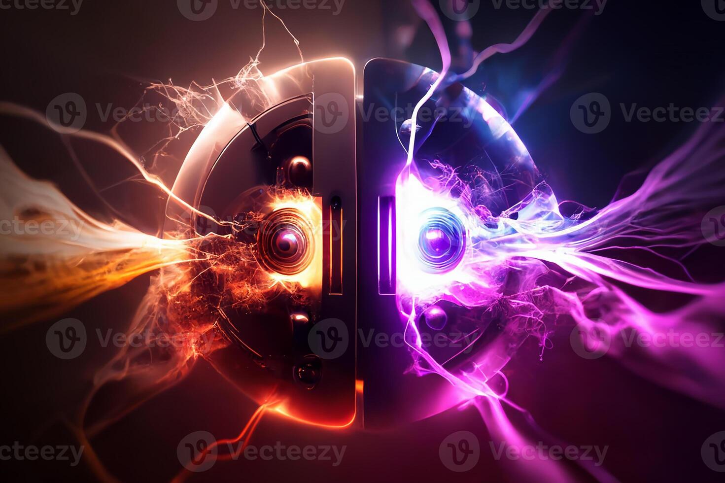 Electromagnetic pulse, electric lightning in neon on a black background. photo