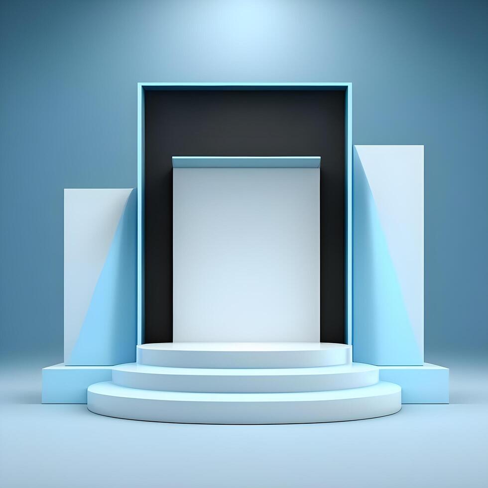 Trendy abstract 3d render podium. Stylish platform with space for product presentation or advertising concept. Modern empty display stage with blue background. Free realistic scene by . photo