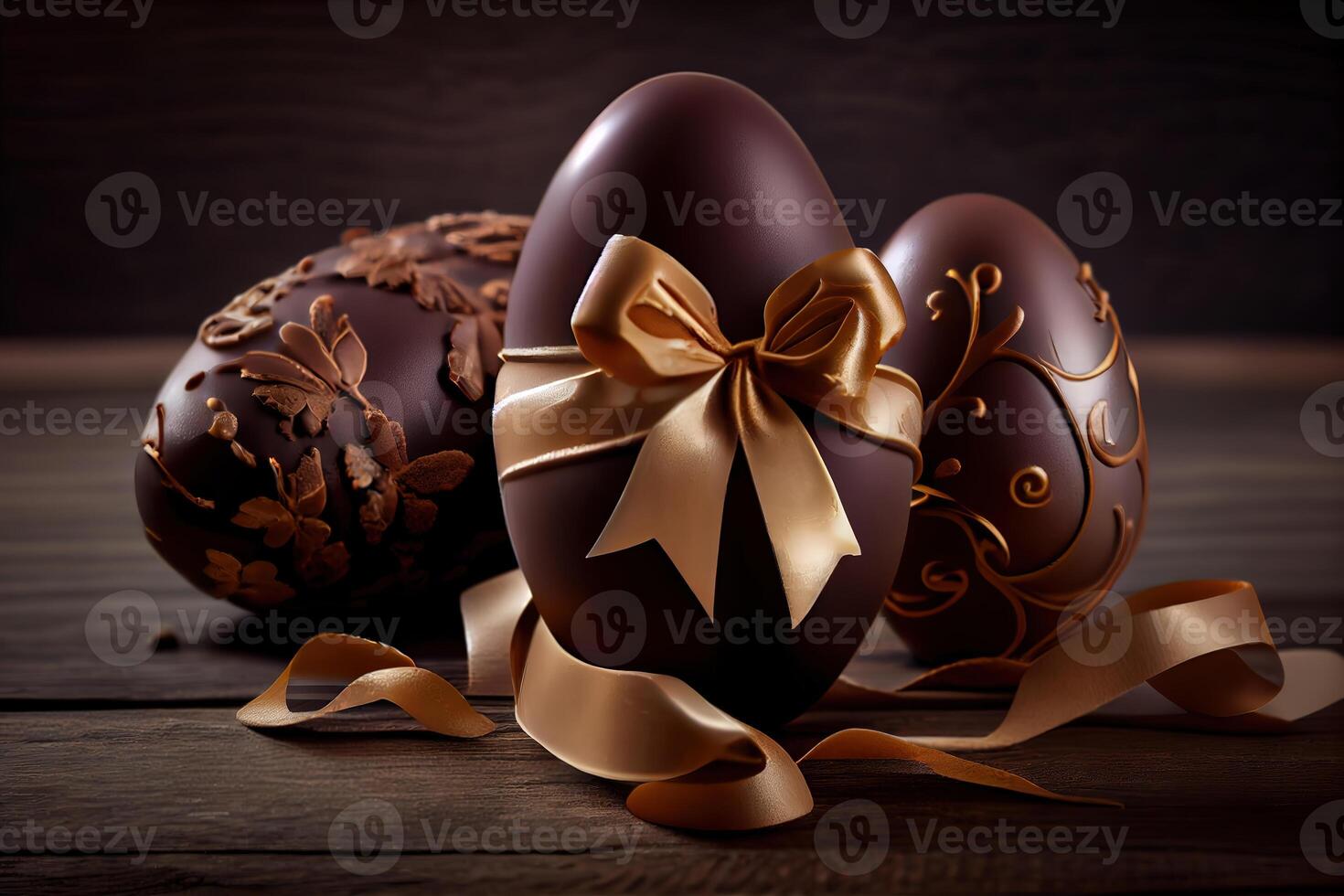 chocolate easter eggs filled with colorful candy. photo