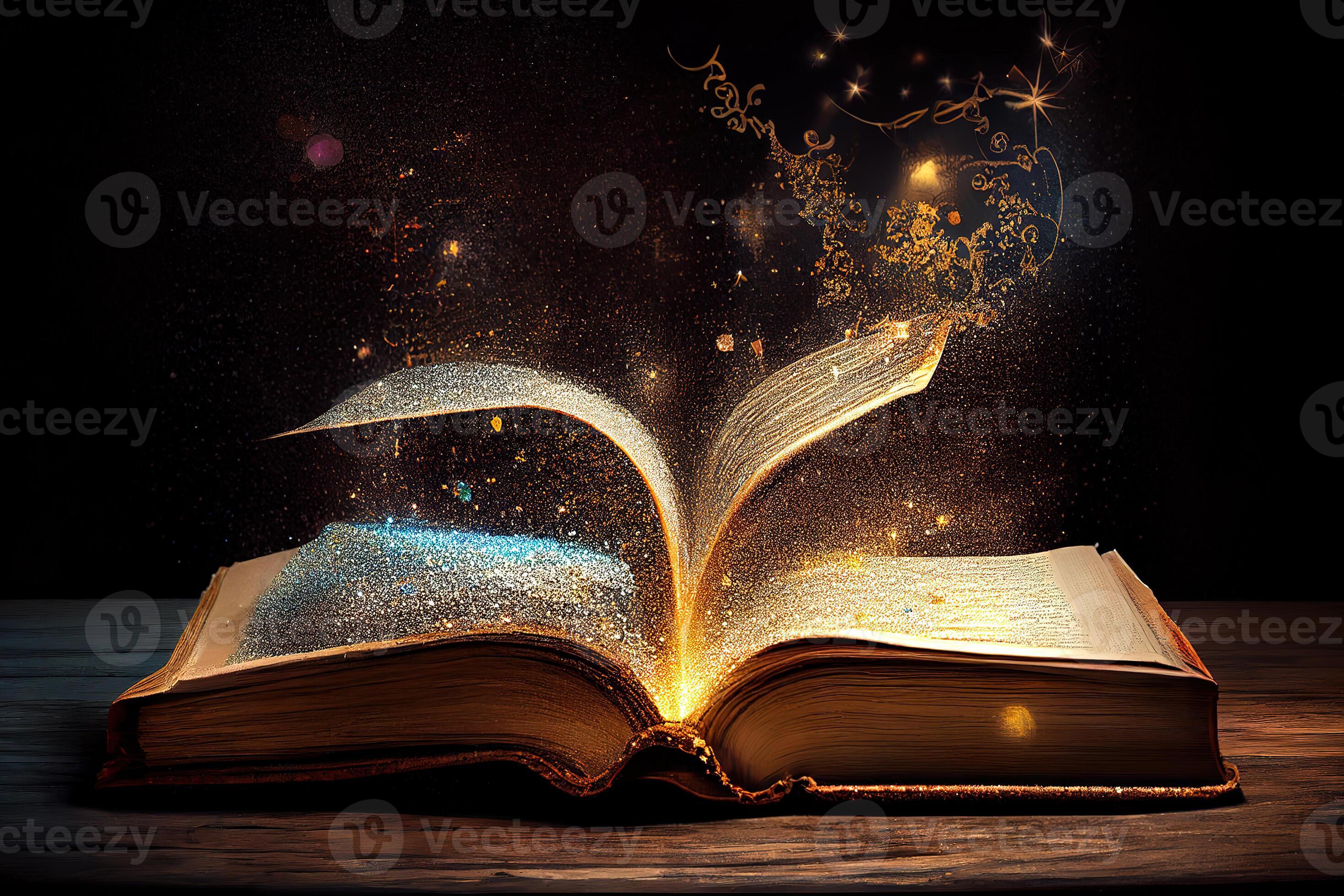 Magical image of open antique book over wooden table with glitter