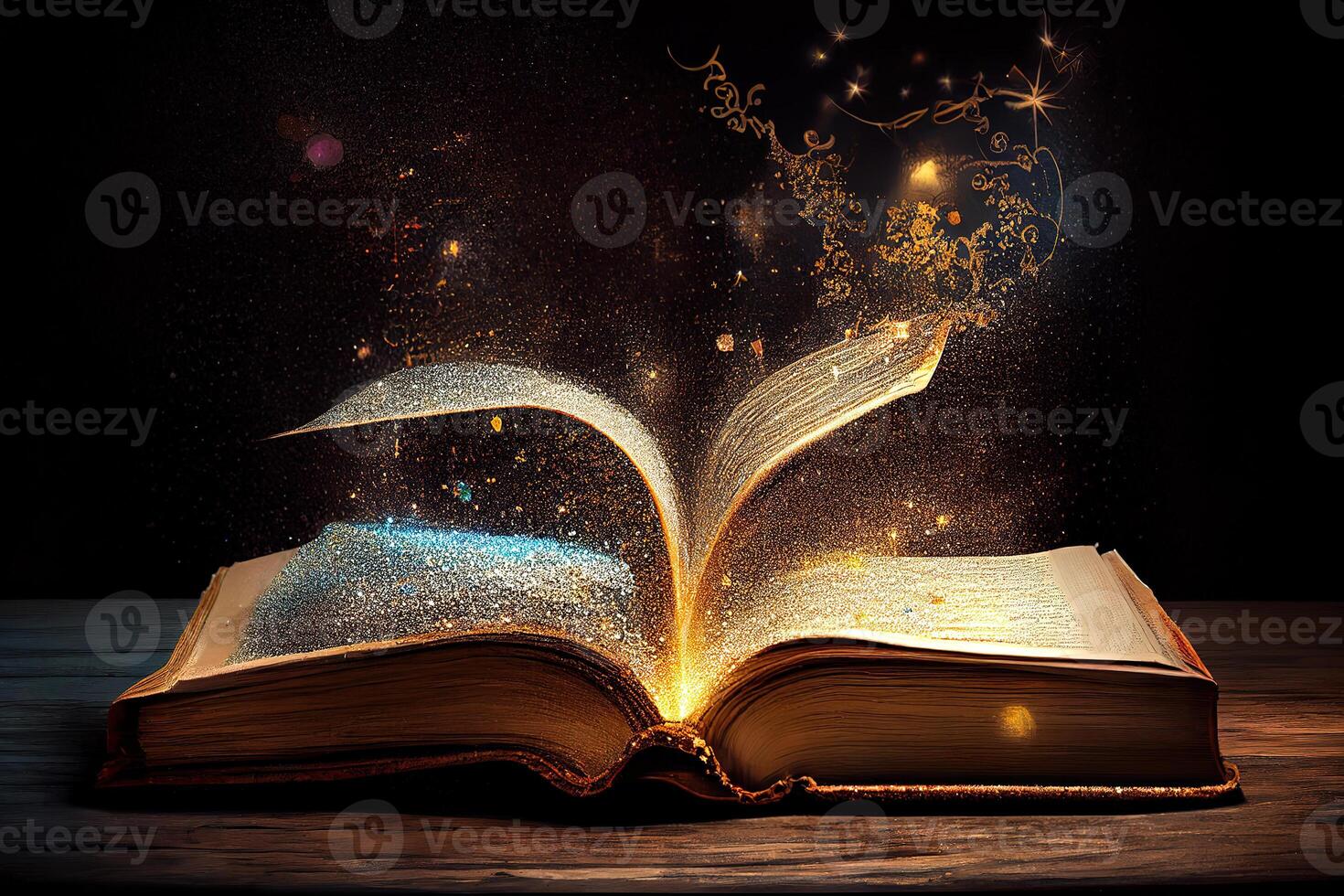 Magical image of open antique book over wooden table with glitter overlay. photo