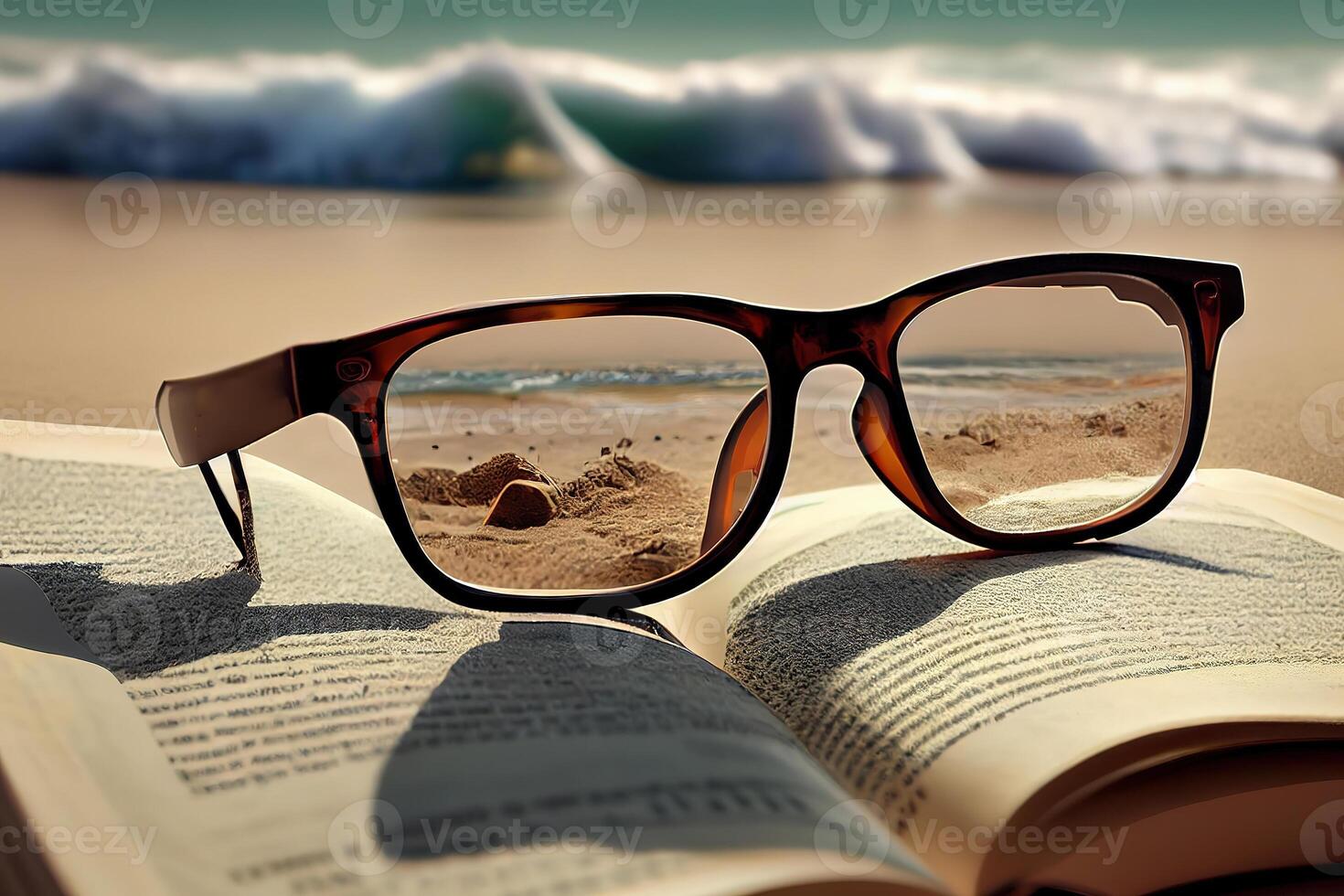sunglasses lying on a book of person on the sandy beach . photo
