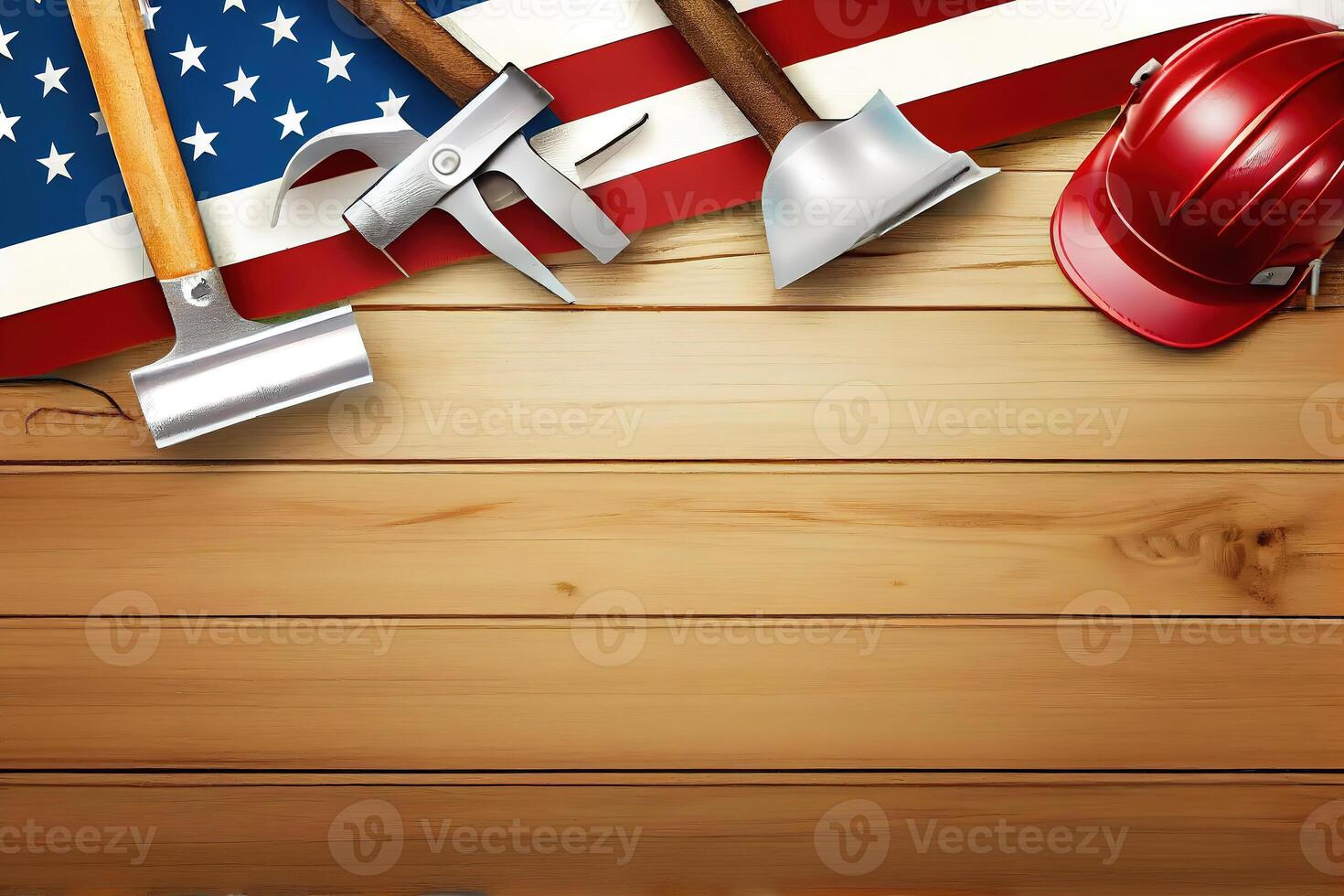 Happy labor day. construction tools. copy space for text on wood background. photo