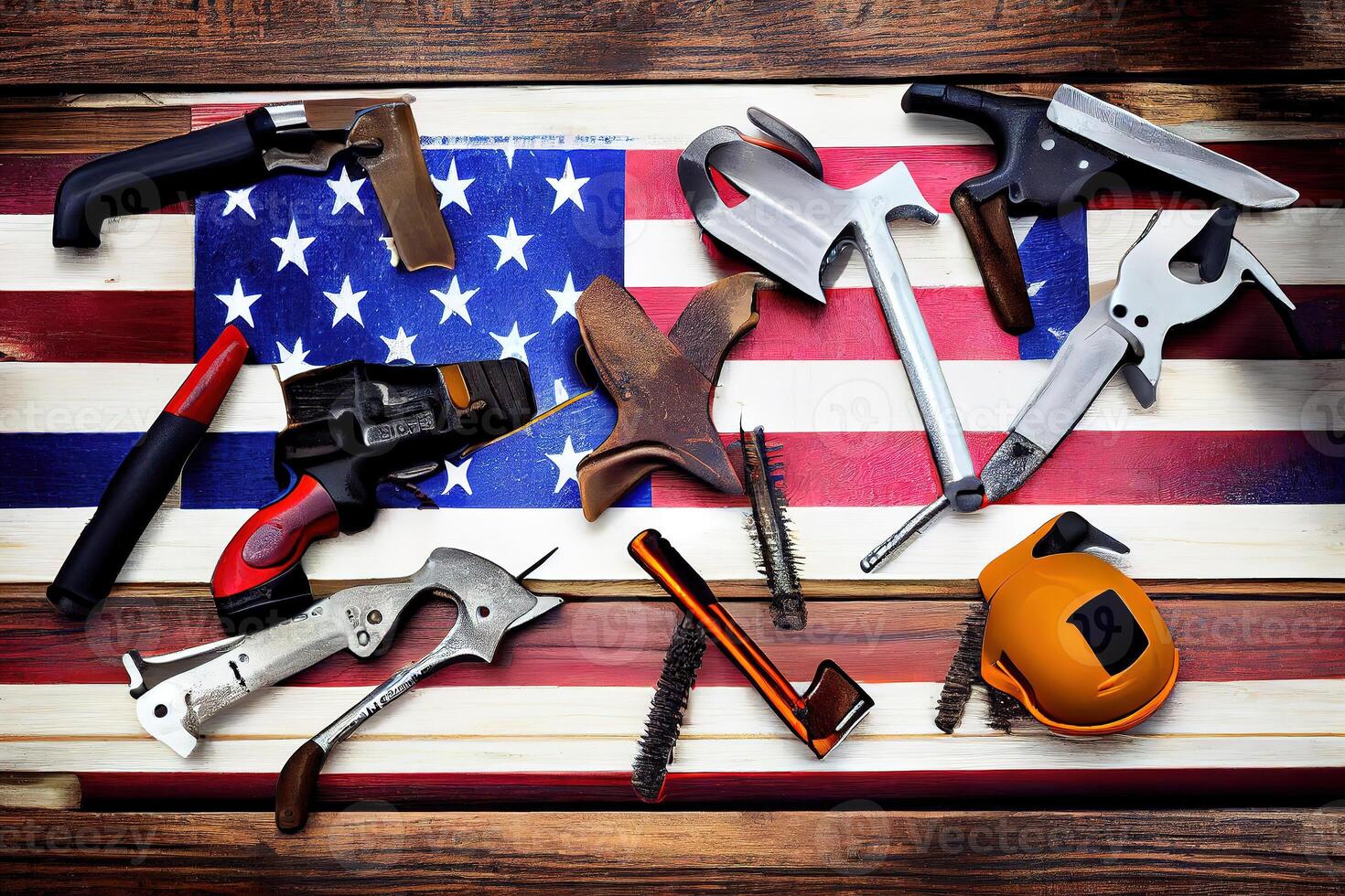 Happy labor day, American flag and tools near the helmet labor day concept. photo