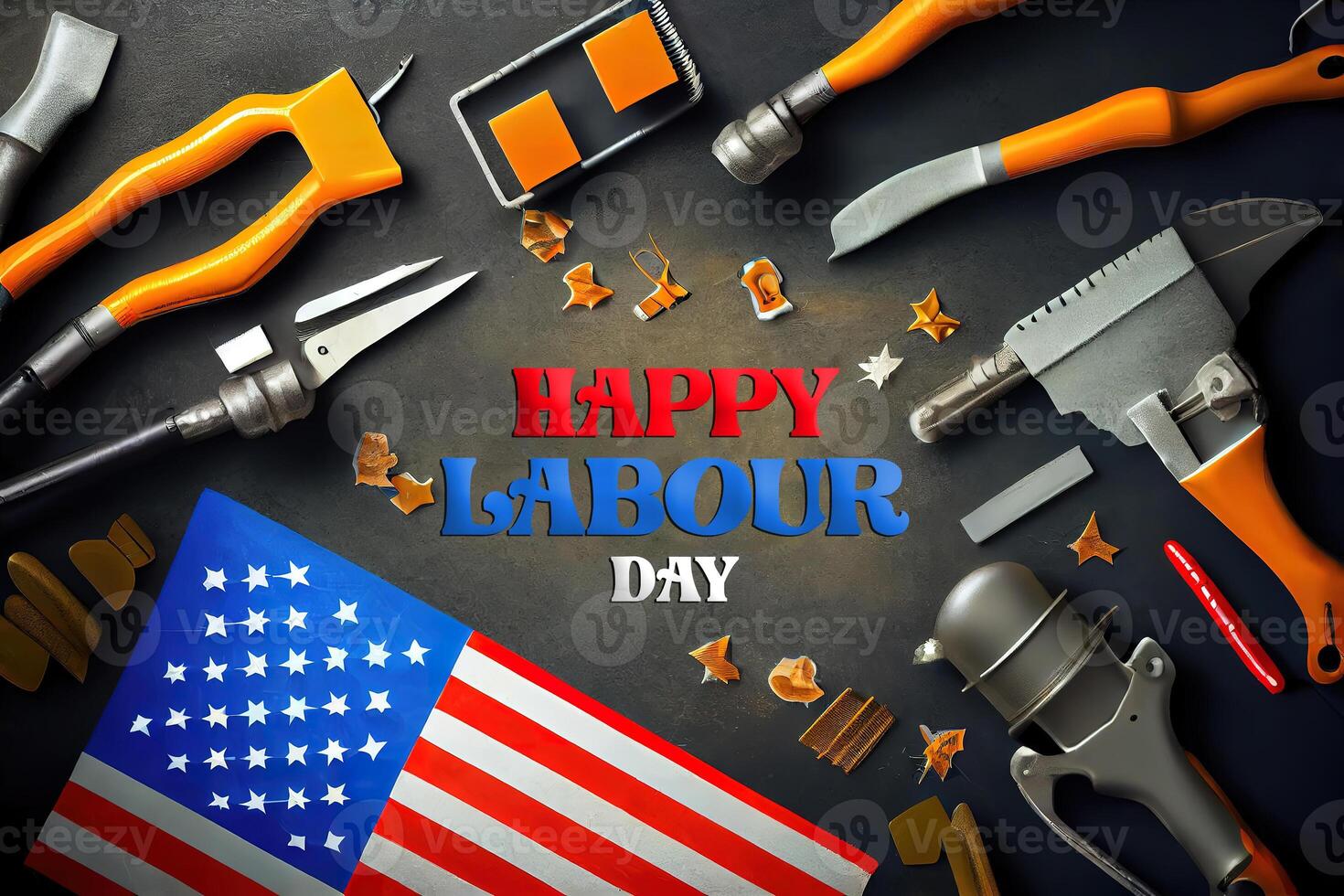 Happy labor day, Top view design concept of american labor day with working tools. photo