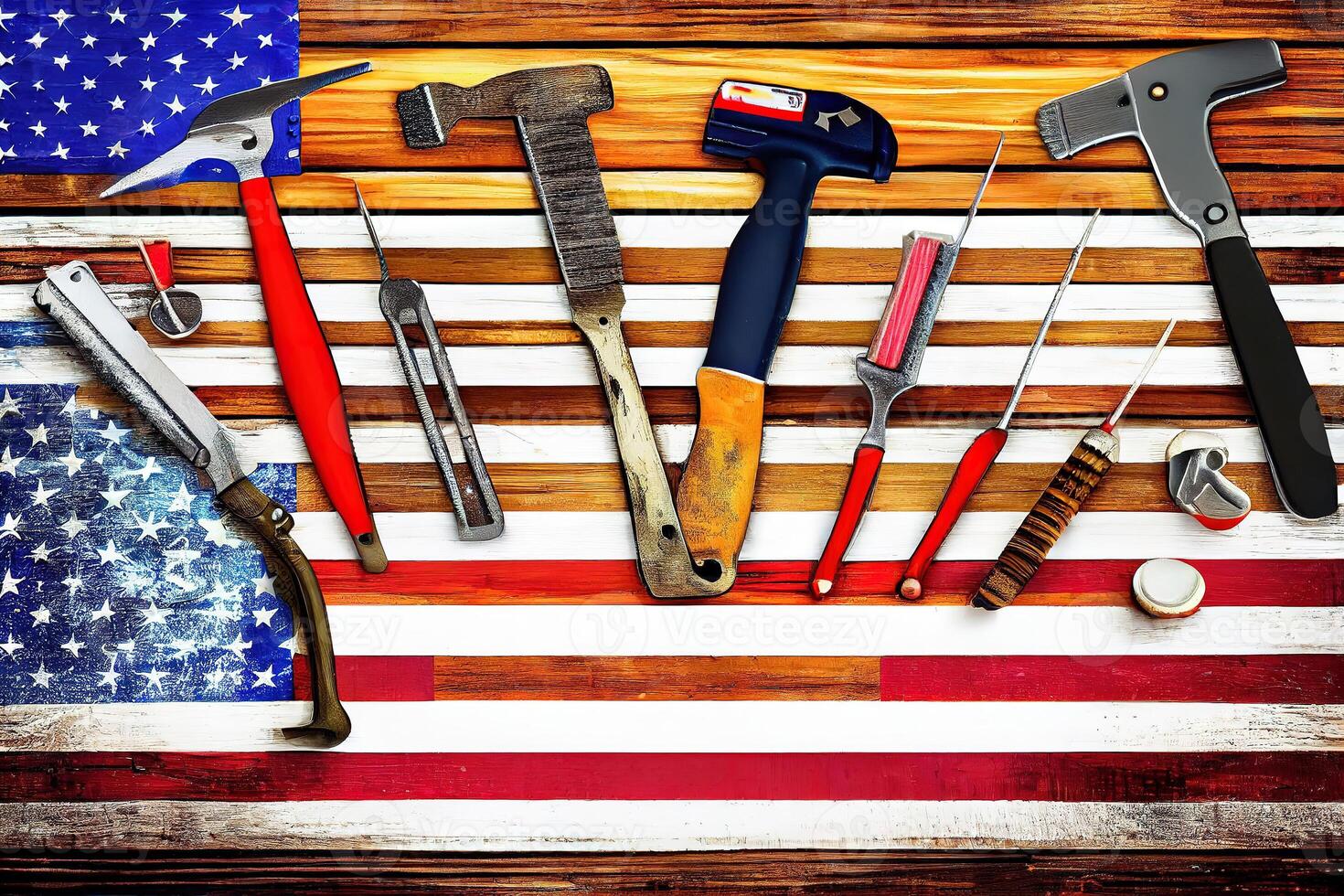 Happy labor day, American flag and tools near the helmet labor day concept. photo