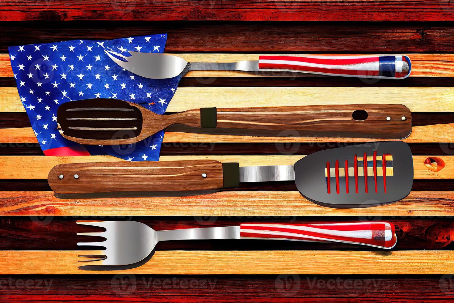 Happy labor day. Bbq tools with july 4th decorations on wood background. photo