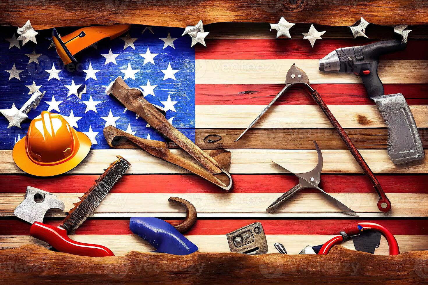 Labor day, usa america flag with many handy tools on wooden background. photo