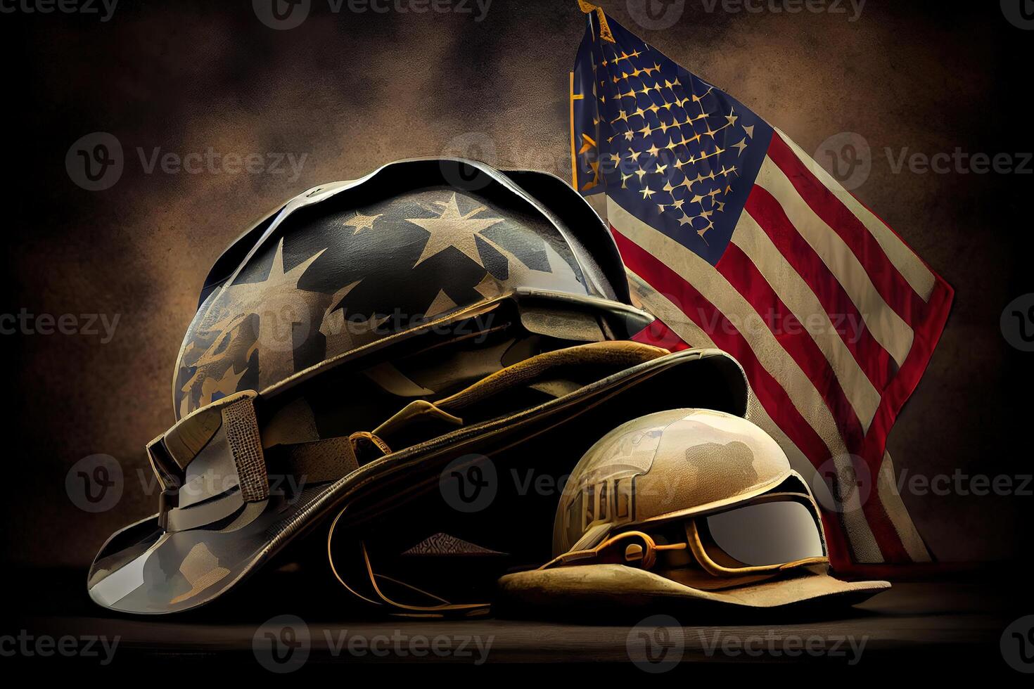 Happy labor day, Military helmets and american flag on veterans . photo