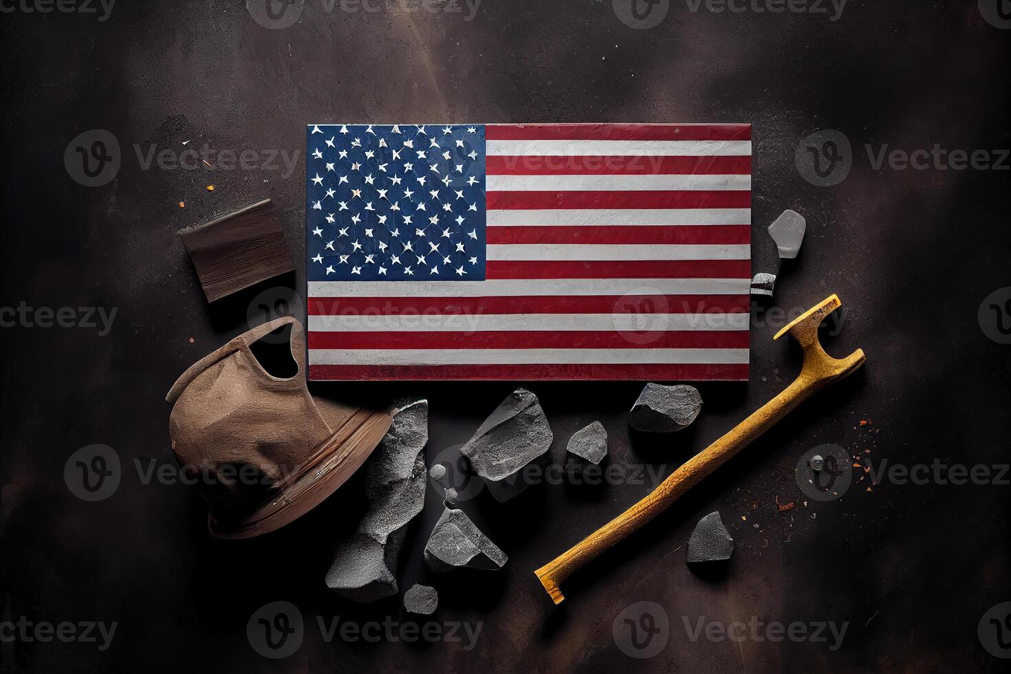 Happy labor day concept american flag with different construction tools. photo