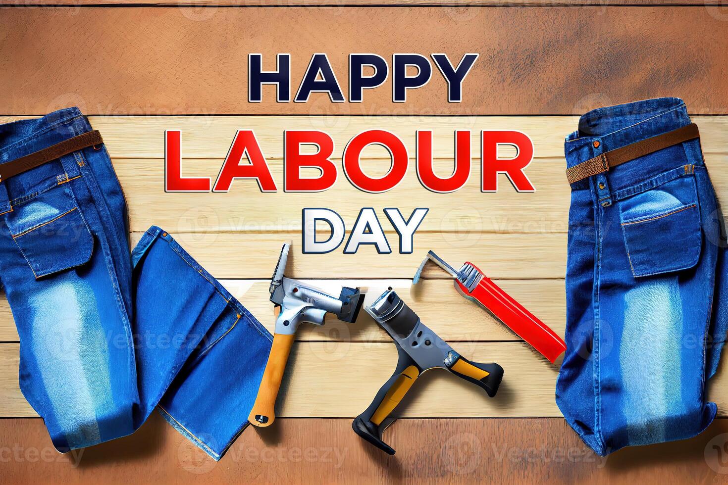 Top view design concept of labor day with working tools and jeans. photo