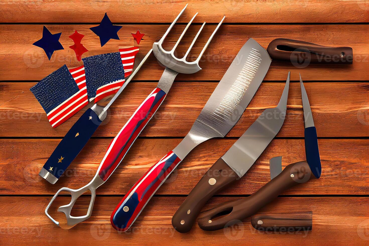 Happy labor day, Bbq tools with july 4th decorations on wood background. photo