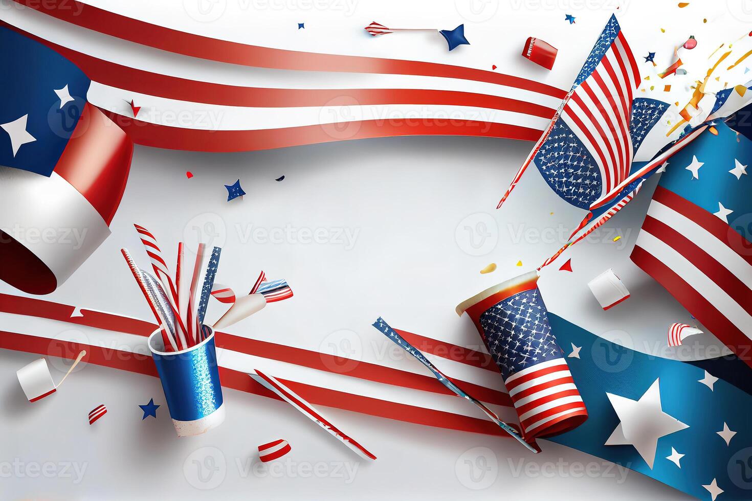 Happy Labor Day. Independence day USA banner mockup with American flags, drinking straws. photo