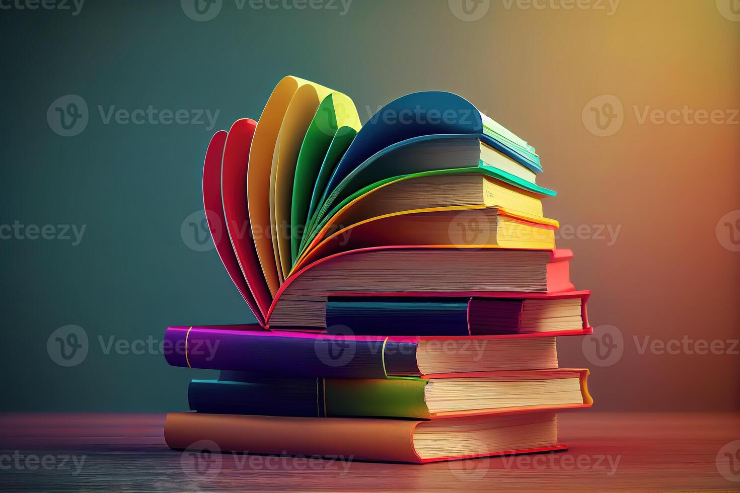 Stack of books in the colored cover in the shape of a heart. photo