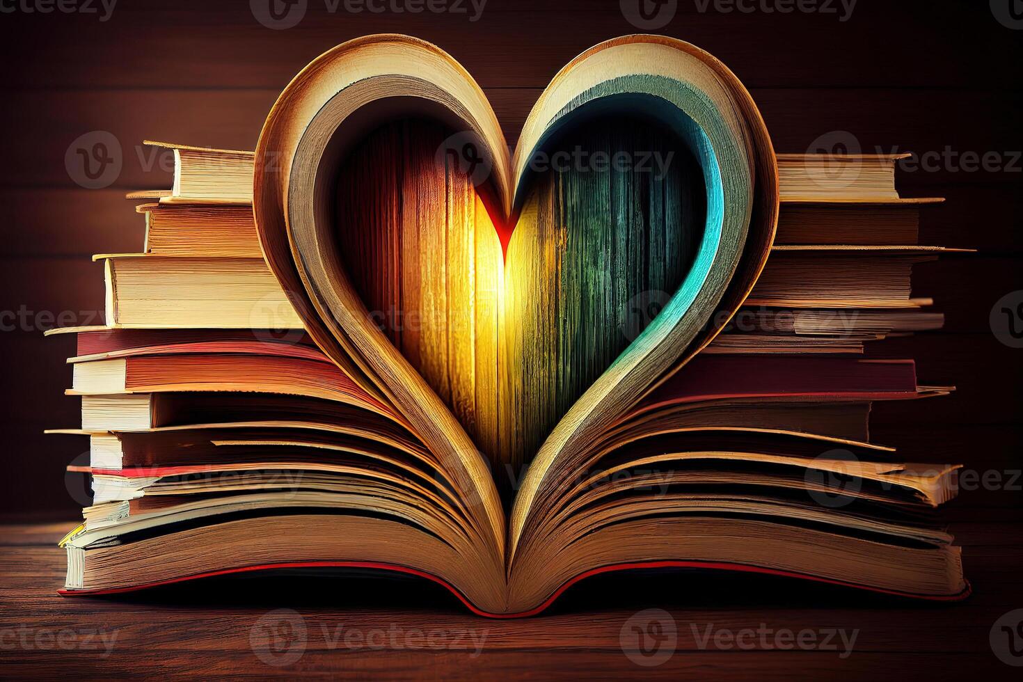 Heart shape stacked of books on wooden background. photo