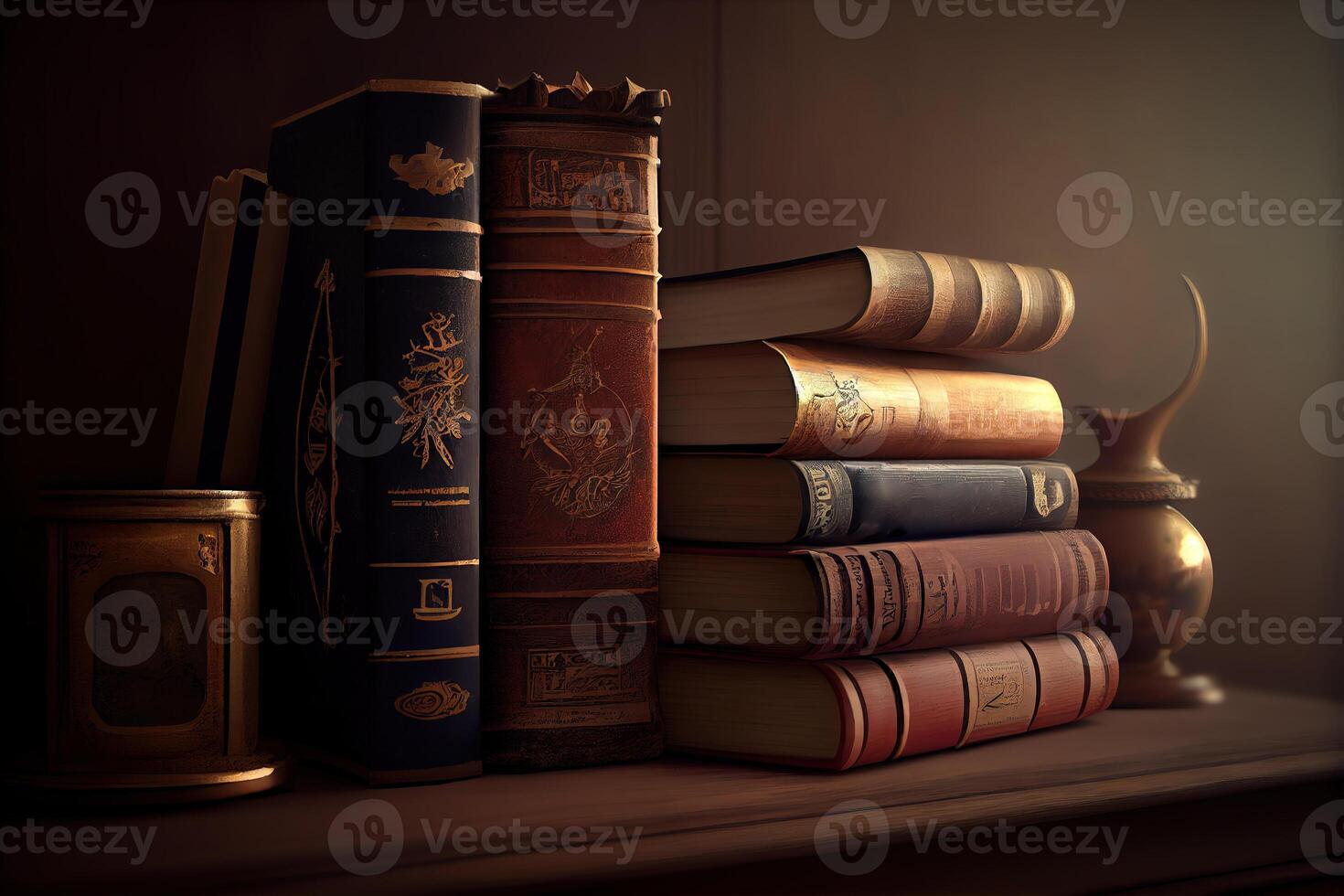 Old library or bookshop with many books on shelves. photo