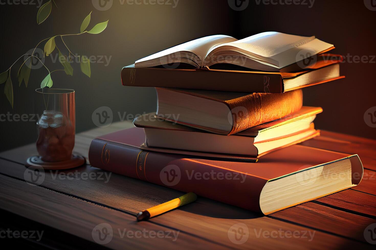 Open book, hardback books on wooden table. Back to school. photo