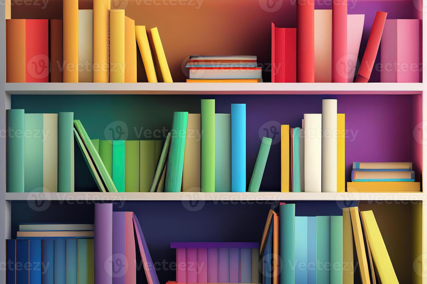 3d illustration of White bookshelves with various colorful books. photo