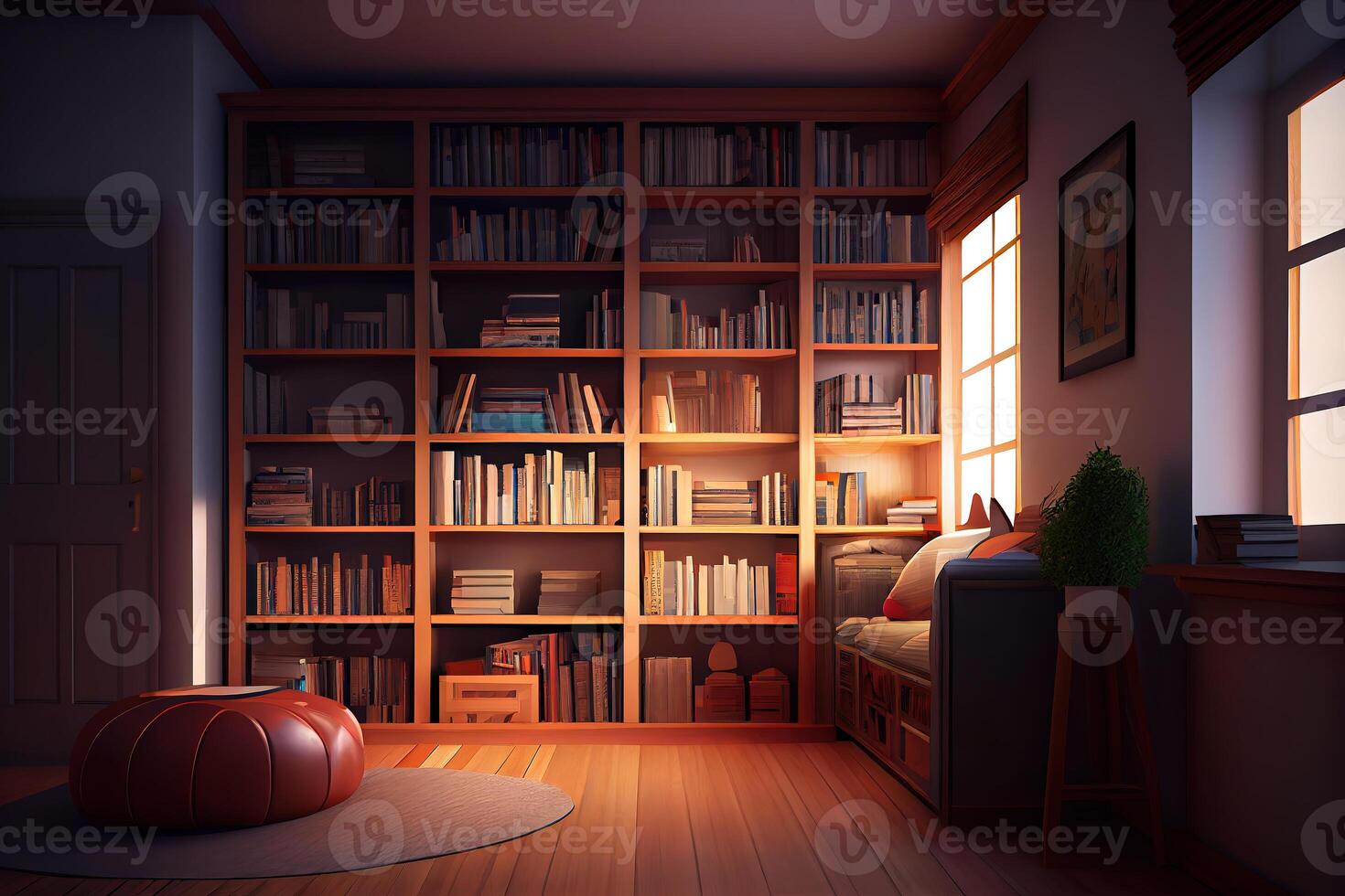 Old classic library with books on table. photo