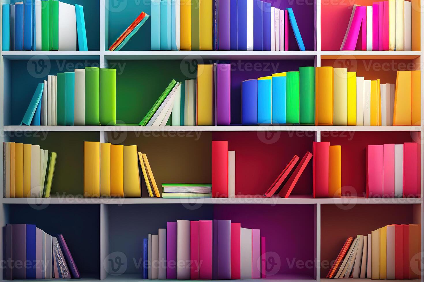 Different colours books on Bookshelf. photo