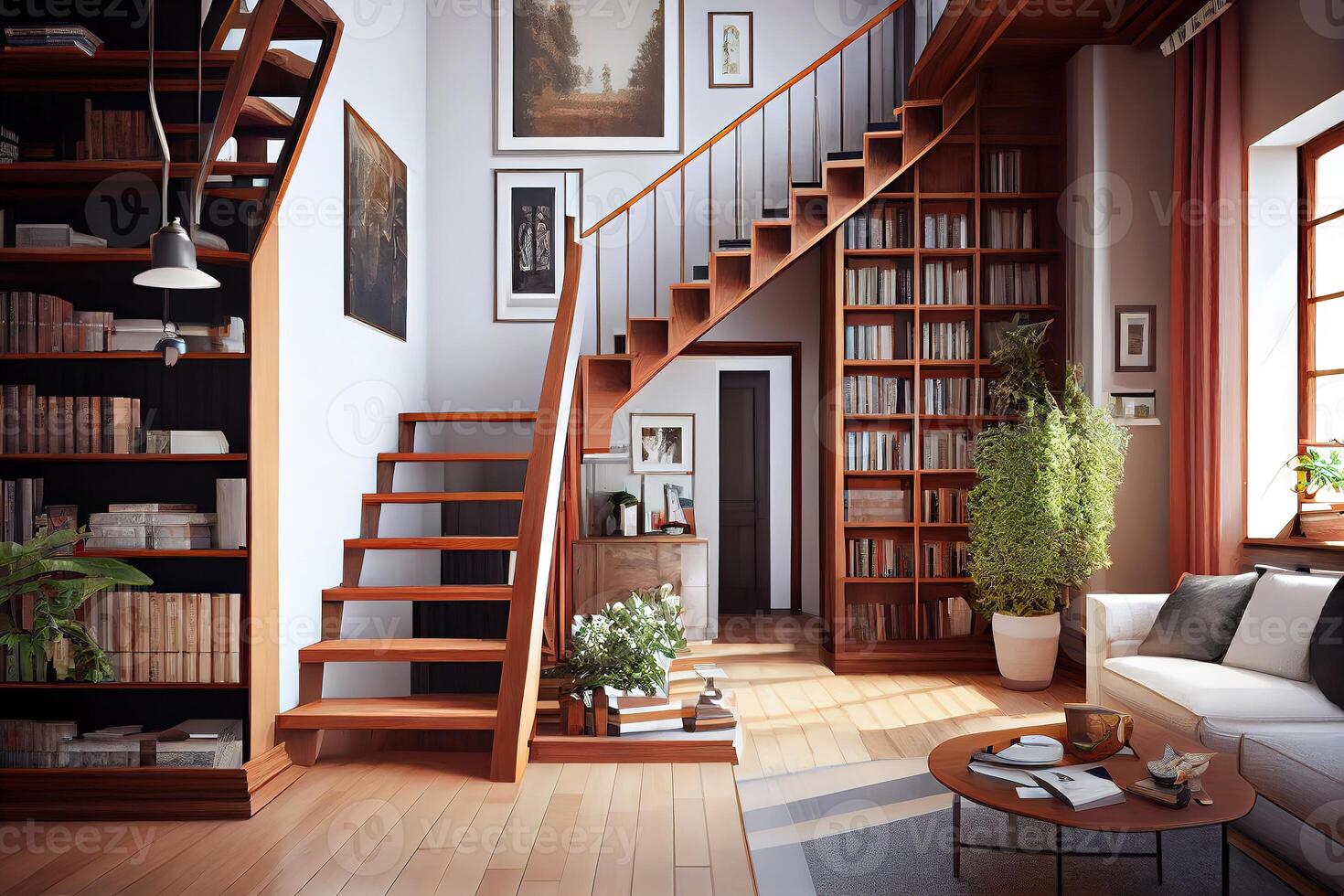 Red Living room with wooden staircase and bookcase. photo