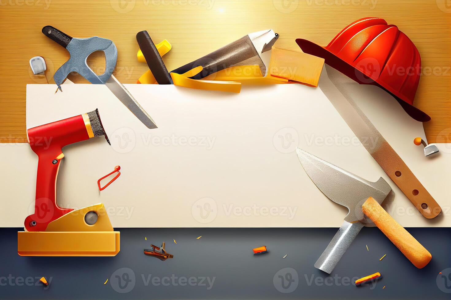 Happy labor day, Tools group different job on rustic wooden table. photo