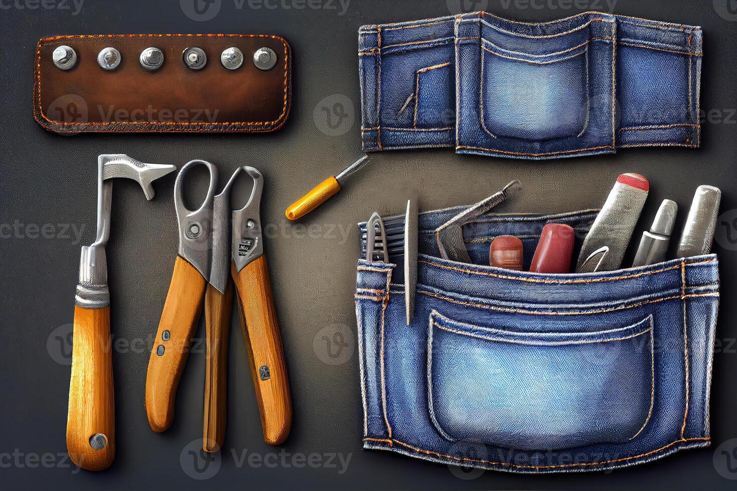 Happy labor day, Set of home tools for repair works in jeans pockets. photo