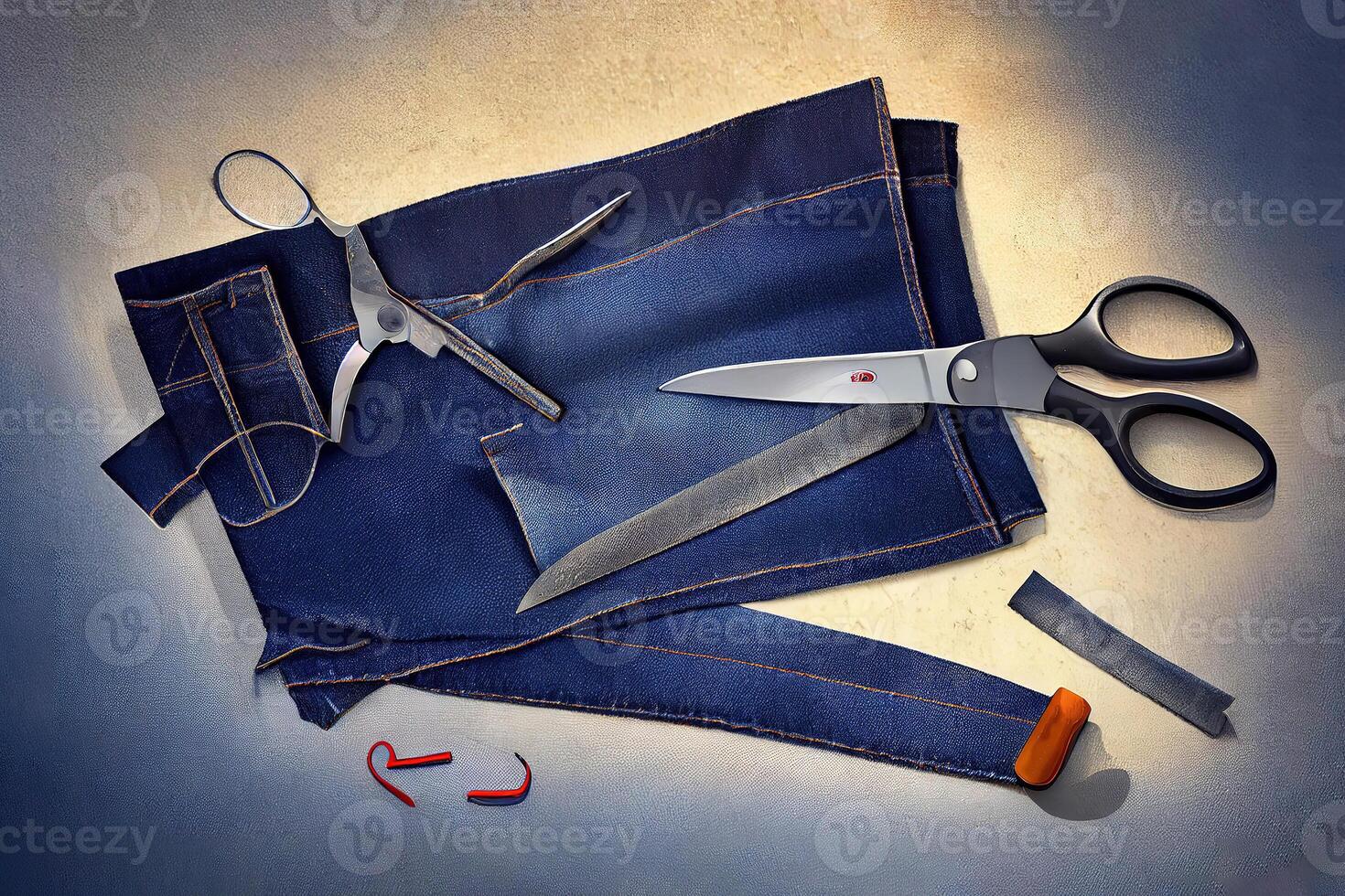 Happy labor day, High angle jeans pieces and scissors. photo