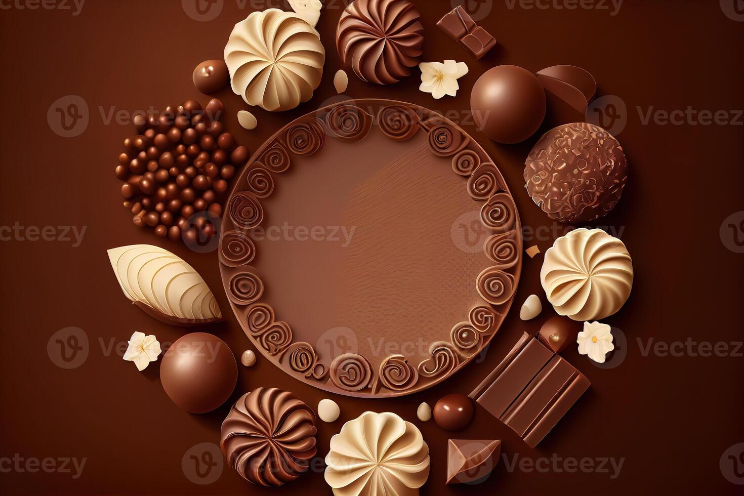 Frame of different kinds of chocolates on wooden table close-up. photo