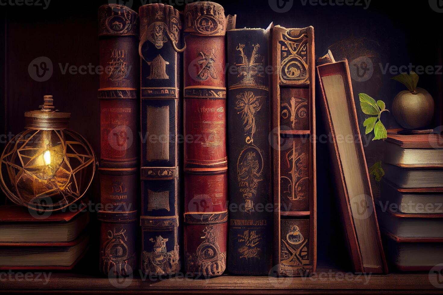 Old library or bookshop with many books on shelves. photo