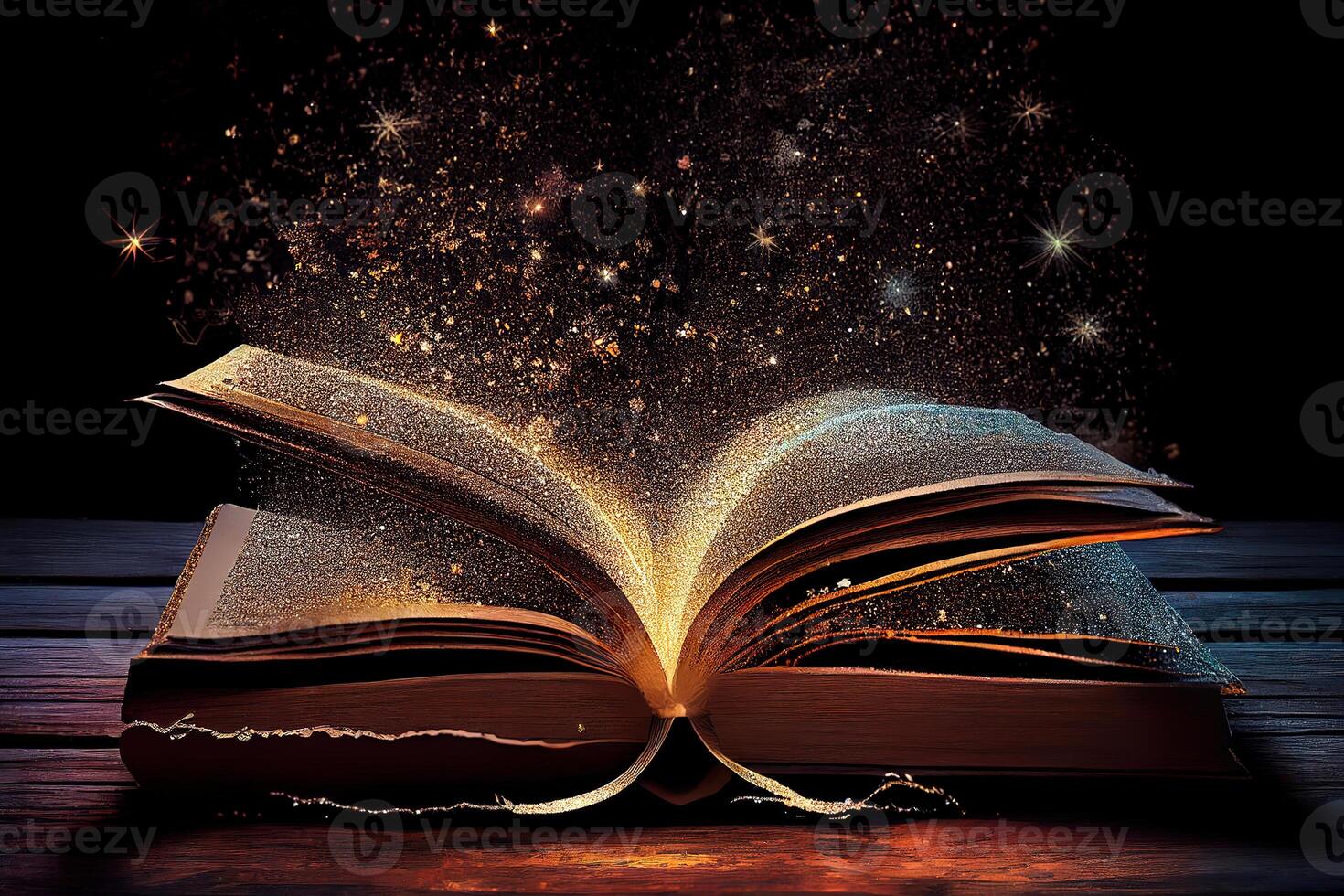 Magical image of open antique book over wooden table with glitter overlay. photo