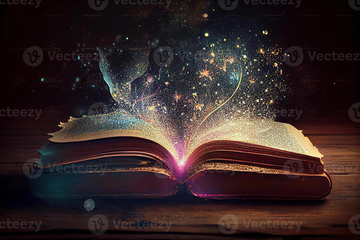 Open vintage book on wooden table, magic spell. photo