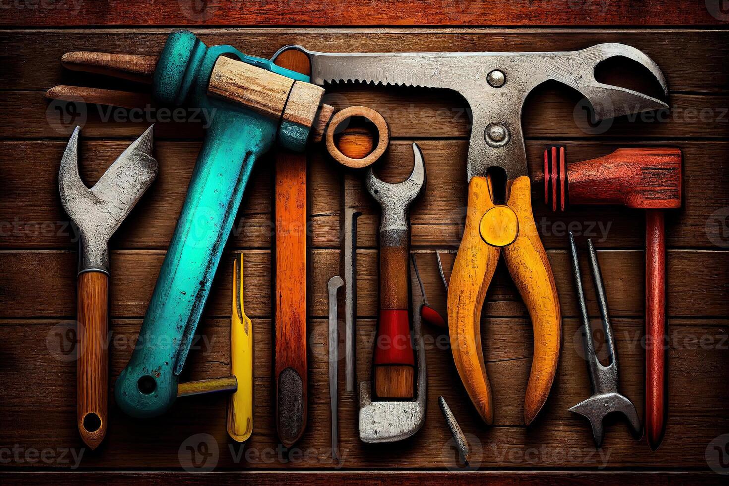 Happy labor day, Tools and instruments in belt on black background. photo
