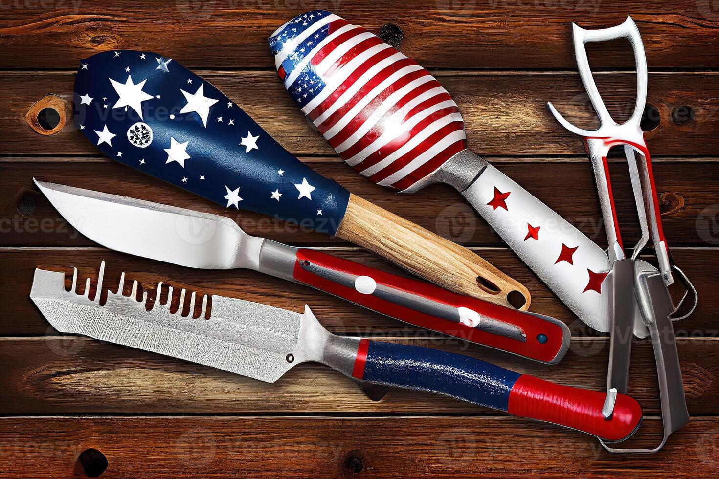 Happy labor day. Bbq tools with july 4th decorations on wood background. photo