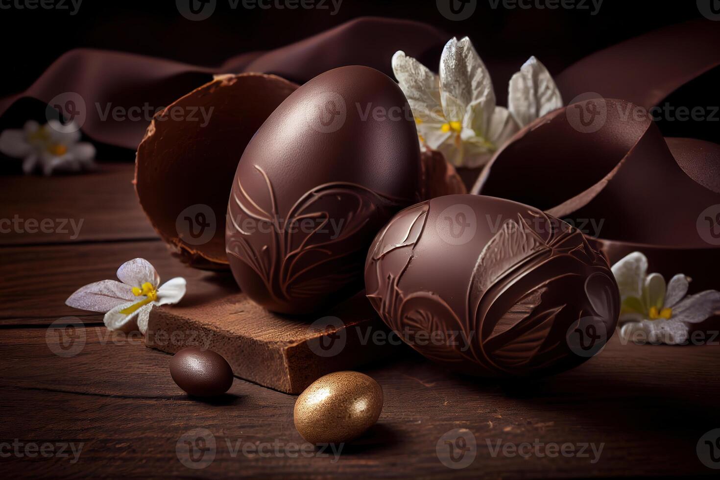 chocolate easter eggs filled with colorful candy. photo