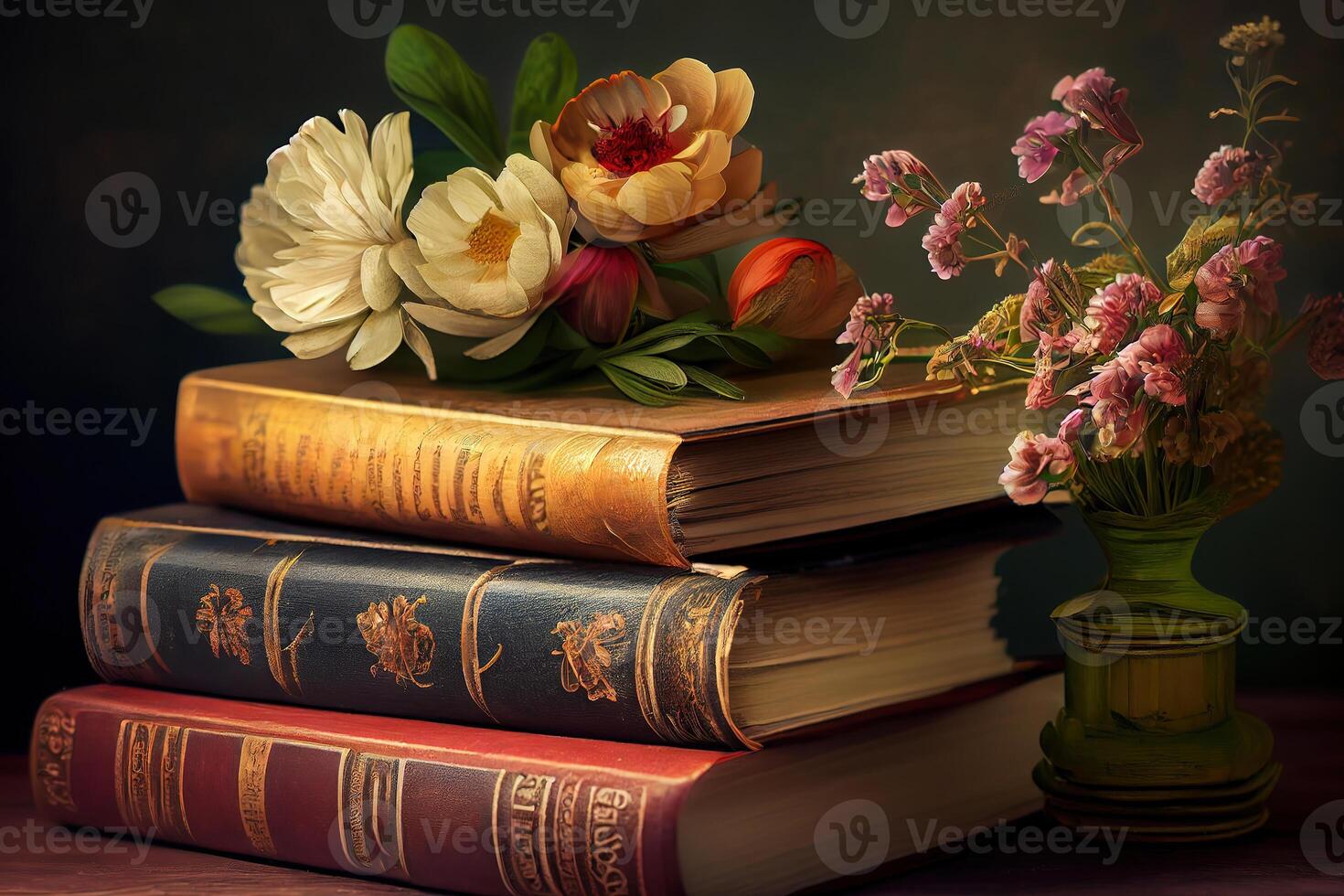Stack of vintage books and a bouquet of beautiful flowers. photo