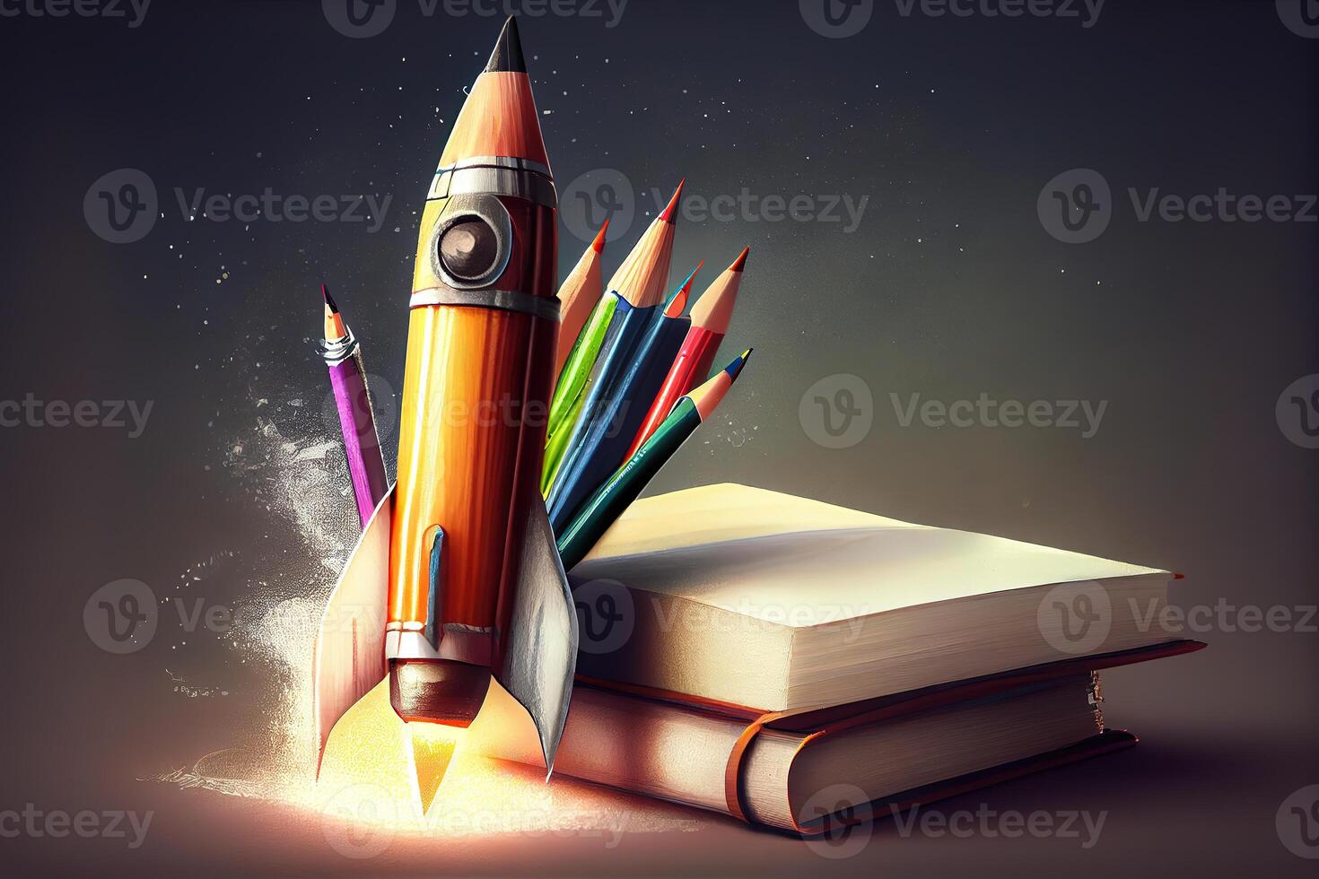 Back To School - Books And Pencils With Rocket Sketch. photo