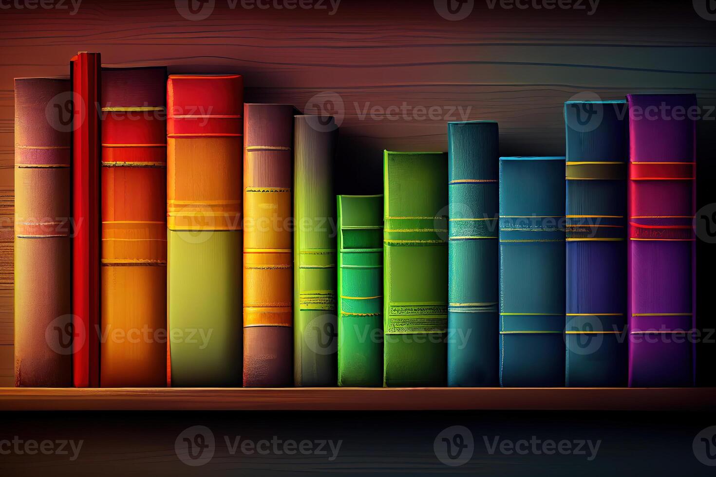 Row of old books on rainbow shelf. horizontal background scene. photo