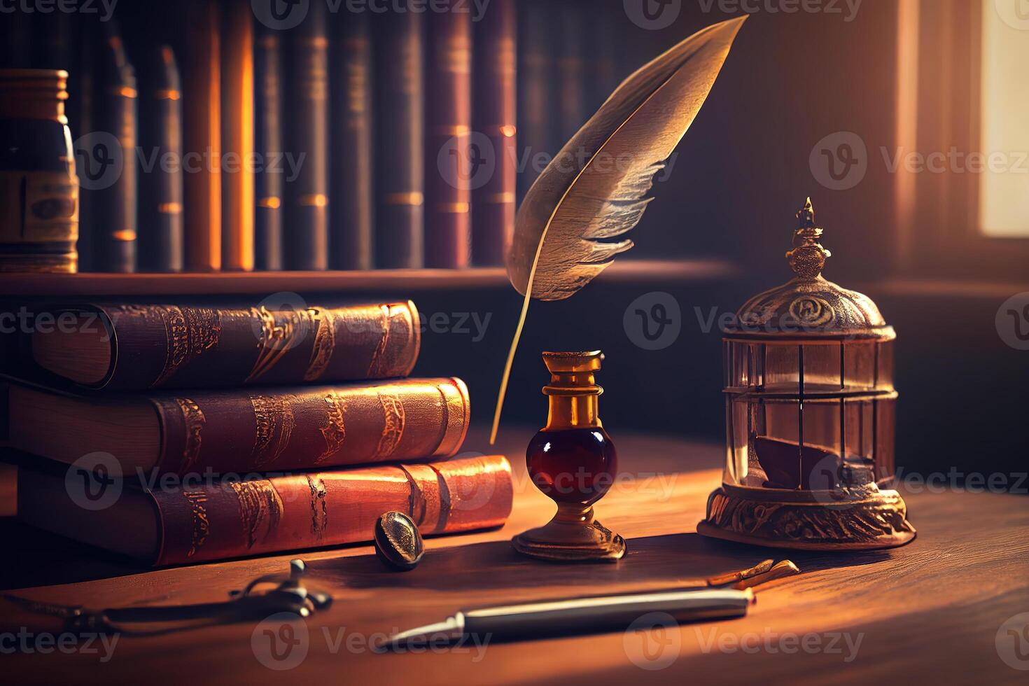 Old quill pen, books and vintage inkwell on wooden desk. photo