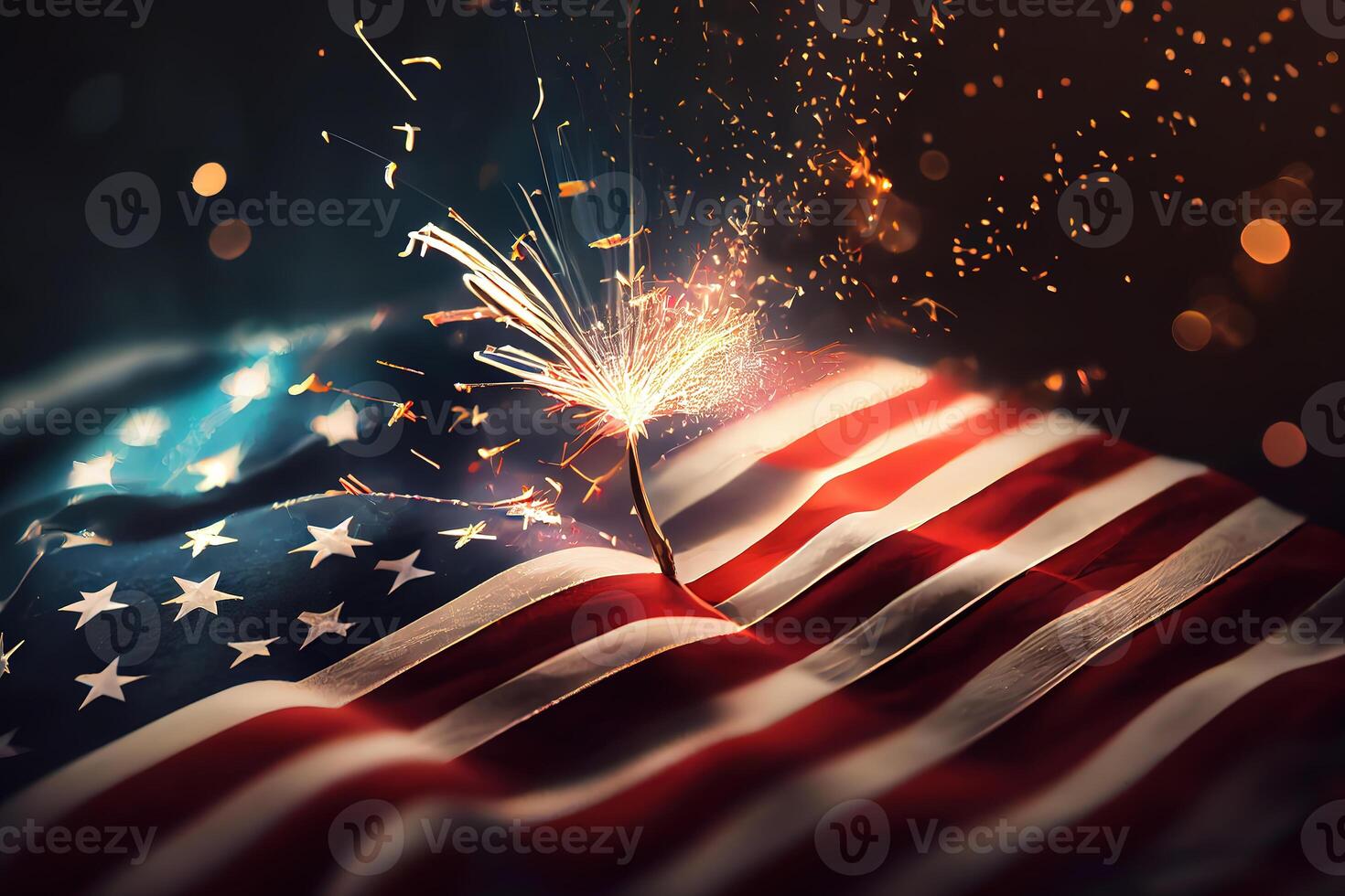 Happy labor day, American flag in blue sky and sunshine background. photo