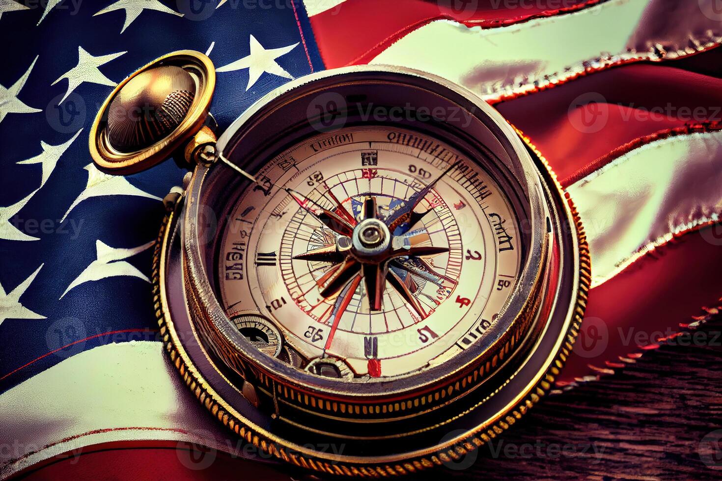 Compass and ship on usa flag close up. top view. Happy Labor Day. photo