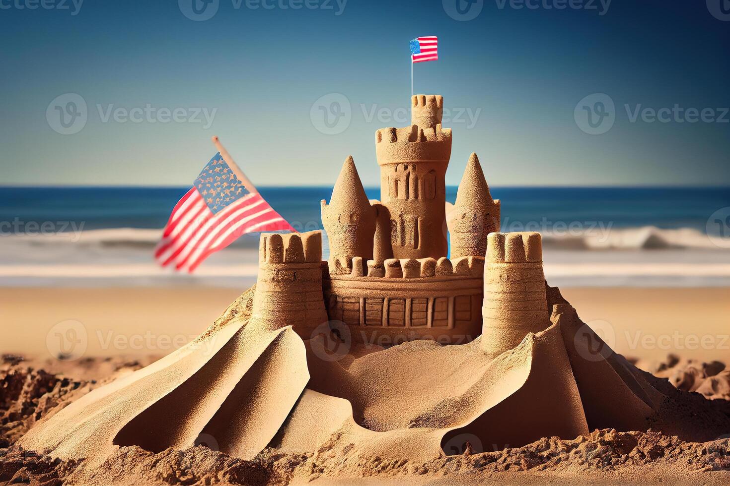 Happy Labor Day. Sand castle with American flag on beach. photo