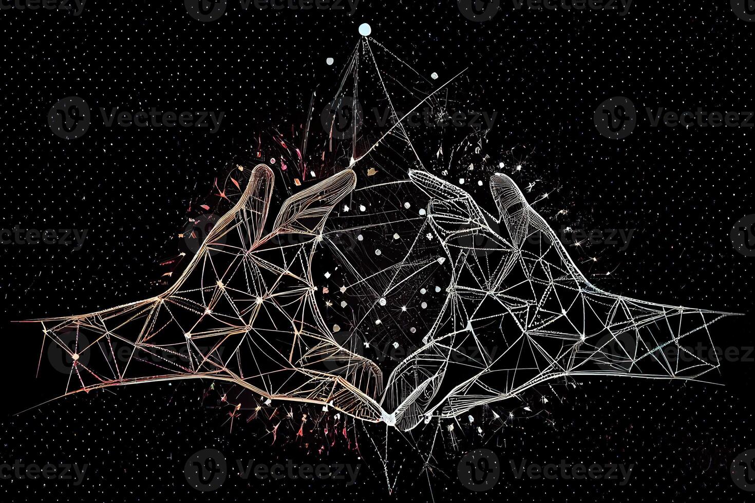 Hand united together form lines, triangles and particle style design. photo