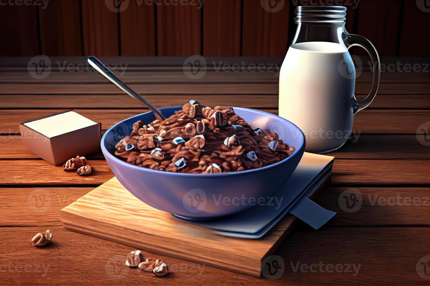 Bowl of chocolate flakes with milk for breakfast. photo