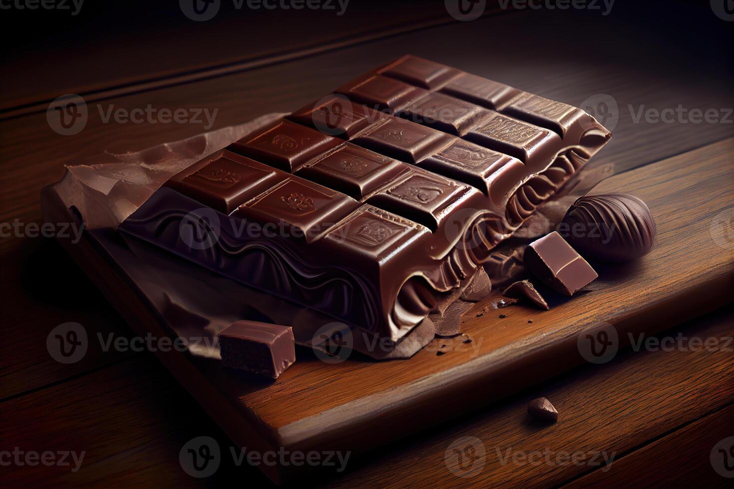 Pieces of black chocolate on wooden table. photo